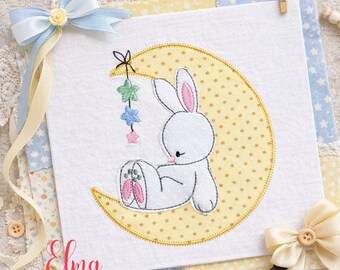 Bunny Moon Raggy Appliqué Embroidery Design: Nursery Decor (Digital Download)