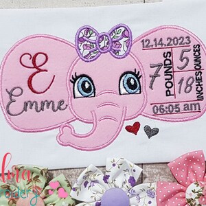 Modello di annuncio di nascita dell'elefante della neonata - Applique - 5x7 5x8 6x10 7x12 macchina ricamo Design ricamo neonato ricamo neonato
