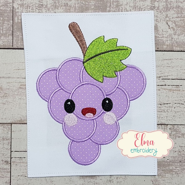 Raisin kawaii - Motif de broderie appliqué - 4 x 4 5 x 4 5 x 7 5 x 8 6 x 10 7 x 12 - Motif de broderie Machine - Broderie de fruits