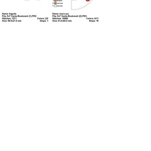 K&ouml;nnte beinhalten: Zwei Stickmuster f&uuml;r ein Weihnachts-Lesezeichen. Das erste Muster ist ein einfacher wei&szlig;er Schnurrbart. Das zweite Muster ist eine rot-wei&szlig;e Weihnachtsm&uuml;tze mit einem gr&uuml;nen Stechpalmenzweig und wei&szlig;em Besatz. Die Muster sind mit dem Dateinamen, der Stichzahl, der Farbzahl, der Gr&ouml;&szlig;e und der Anzahl der Stopps gekennzeichnet.