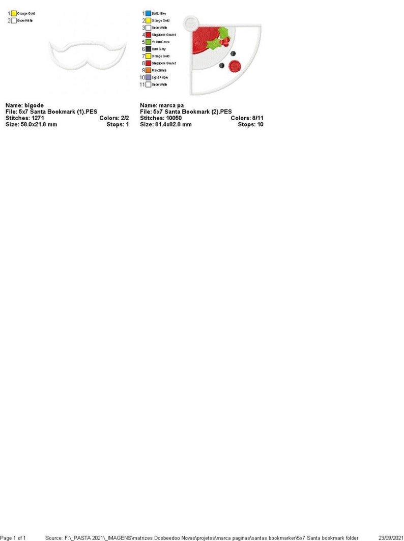 K&ouml;nnte beinhalten: Zwei Stickmuster f&uuml;r ein Weihnachts-Lesezeichen. Das erste Muster ist ein einfacher wei&szlig;er Schnurrbart. Das zweite Muster ist eine rot-wei&szlig;e Weihnachtsm&uuml;tze mit einem gr&uuml;nen Stechpalmenzweig und wei&szlig;em Besatz. Die Muster sind mit dem Dateinamen, der Stichzahl, der Farbzahl, der Gr&ouml;&szlig;e und der Anzahl der Stopps gekennzeichnet.