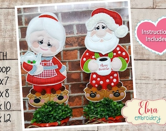 Santa & Mrs. Claus Kaffee Applikation: Weihnachten Maschinenstickerei (5x7 6x10 7x12) (Anleitung inklusive)