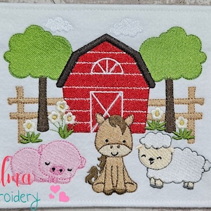 Farm Barn and Animals - Fill Stitch - 4x4 5x4 5x7 5x8 6x10 7x12 - Machine Embroidery Design - Barn Embroidery - Farm Animals Embroidery