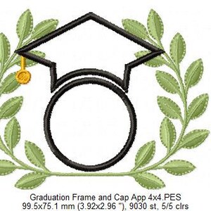 May include: Graduation cap and tassel with a laurel wreath frame. The frame is a circle with a space for a name or initials. The design is black and green with a gold tassel.