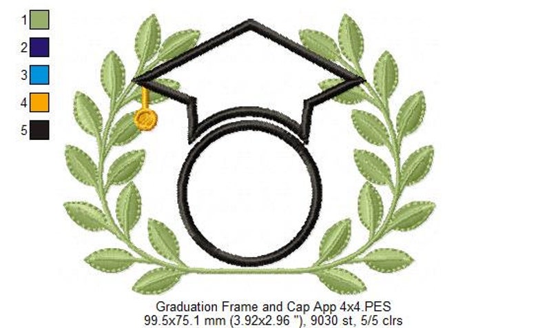 May include: Graduation cap and tassel with a laurel wreath frame. The frame is a circle with a space for a name or initials. The design is black and green with a gold tassel.