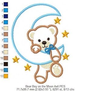 Bear Boy on the Moon Machine Embroidery Design Applique Animal Embroidery 4x4 5x4 5x7 5x8 6x10 7x12 Teddy Bear Embroidery image 3