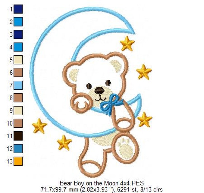 Bear Boy on the Moon Machine Embroidery Design Applique Animal Embroidery 4x4 5x4 5x7 5x8 6x10 7x12 Teddy Bear Embroidery image 3