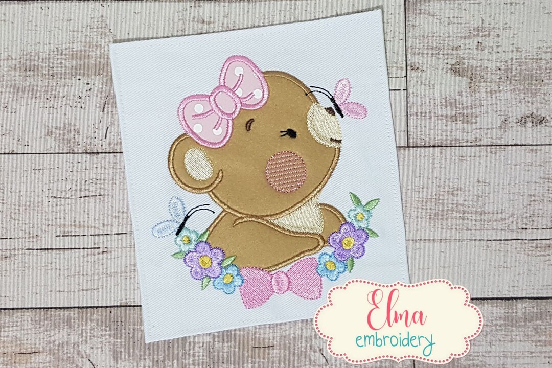 Bear Girl Flowers - Machine Embroidery Design - Applique