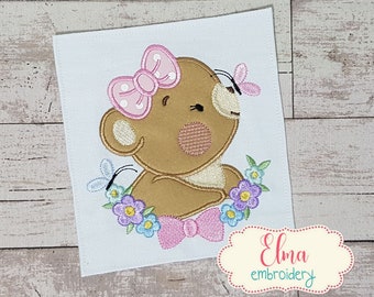 Bear Girl Flowers Applique - Machine Embroidery Design (4x4 5x5 6x6 7x7)