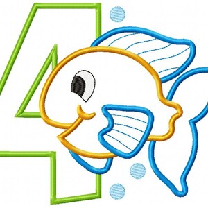 May include: A green number four with a yellow and blue cartoon fish swimming next to it. The fish has a big eye and is surrounded by blue bubbles.