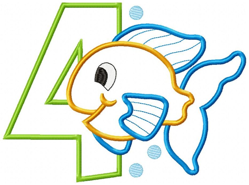 May include: A green number four with a yellow and blue cartoon fish swimming next to it. The fish has a big eye and is surrounded by blue bubbles.