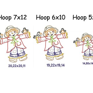 May include: Three different sizes of a scarecrow embroidery design. The scarecrow is wearing a red and white jacket, blue jeans, and a straw hat. The scarecrow is holding two birds in its hands. The design is available in 7x12, 6x10, and 5x7 hoop sizes. The dimensions of each design are listed below the scarecrow.