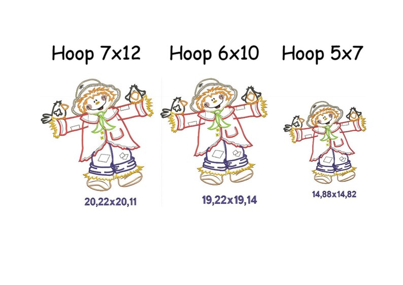May include: Three different sizes of a scarecrow embroidery design. The scarecrow is wearing a red and white jacket, blue jeans, and a straw hat. The scarecrow is holding two birds in its hands. The design is available in 7x12, 6x10, and 5x7 hoop sizes. The dimensions of each design are listed below the scarecrow.