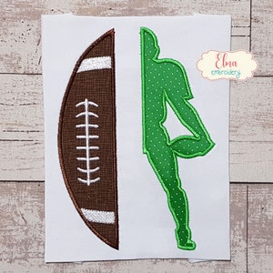 May include: Green silhouette of a football player standing with one leg raised, next to a brown and white football.