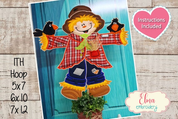 Scarecrow Embroidery Design – Halloween Applique (5x7, 6x10, 7x12) (Instructions Included)