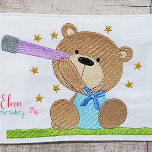 Teddy Bear Boy Embroidery Design: Telescope, Stars (Digital Download)