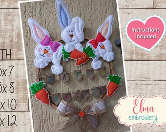 Diseño de bordado ITH "Tres conejitos": aplique de Pascua (5x7, 5x8, 6x10, 7x12) (Instrucciones incluidas)