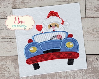 自動車に乗ったサンタさん 車に乗ったサンタのアップリケ：クリスマスの機械刺繍デザイン（4x4
