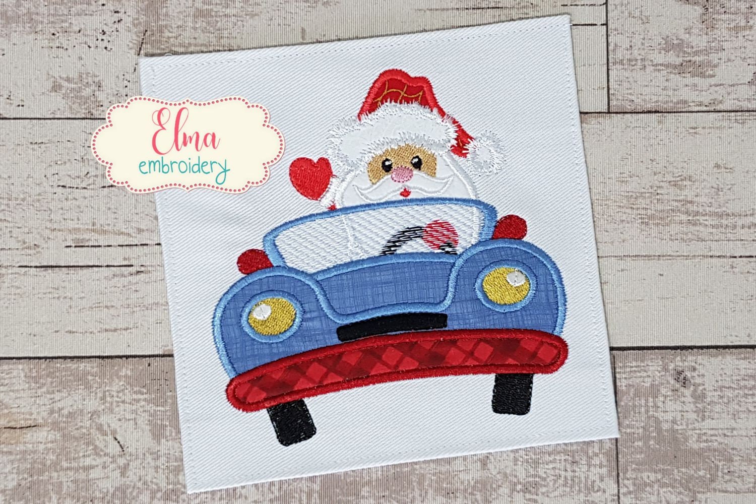 車に乗ったサンタのアップリケ：クリスマスの機械刺繍デザイン（4x4