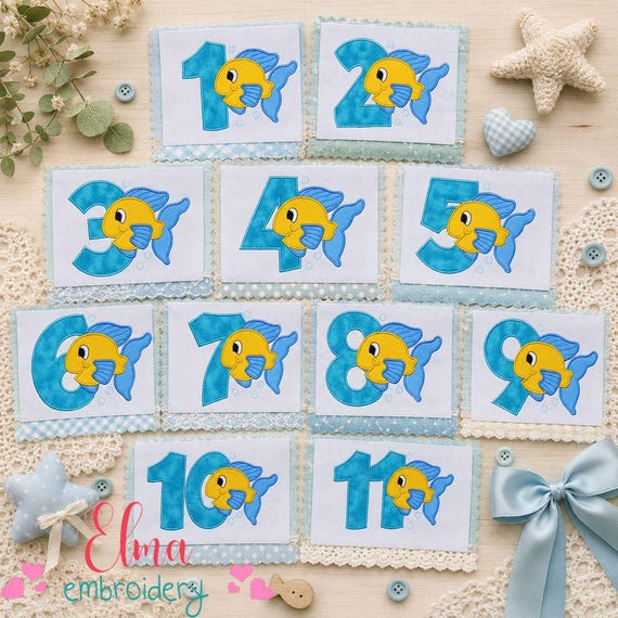 Fish Number Embroidery Designs Bundle: Ocean Birthday Applique (Digital Download)