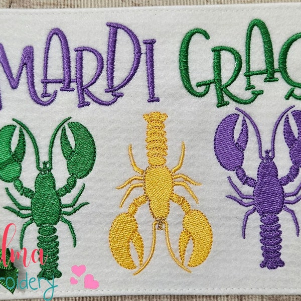 ザリガニのマルディグラ刺繍デザイン：フィルステッチパターン（デジタルダウンロード）