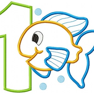 May include: A green number one with a yellow and blue cartoon fish with a big eye and bubbles.
