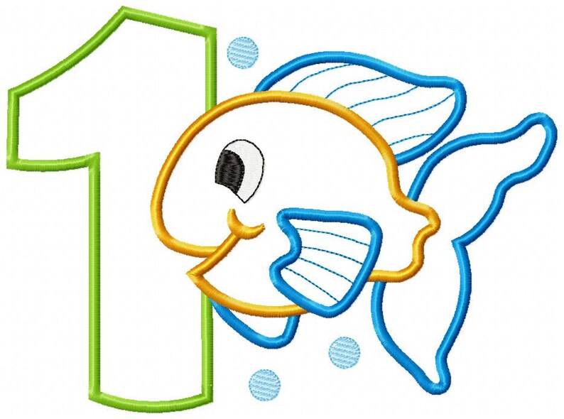 May include: A green number one with a yellow and blue cartoon fish with a big eye and bubbles.