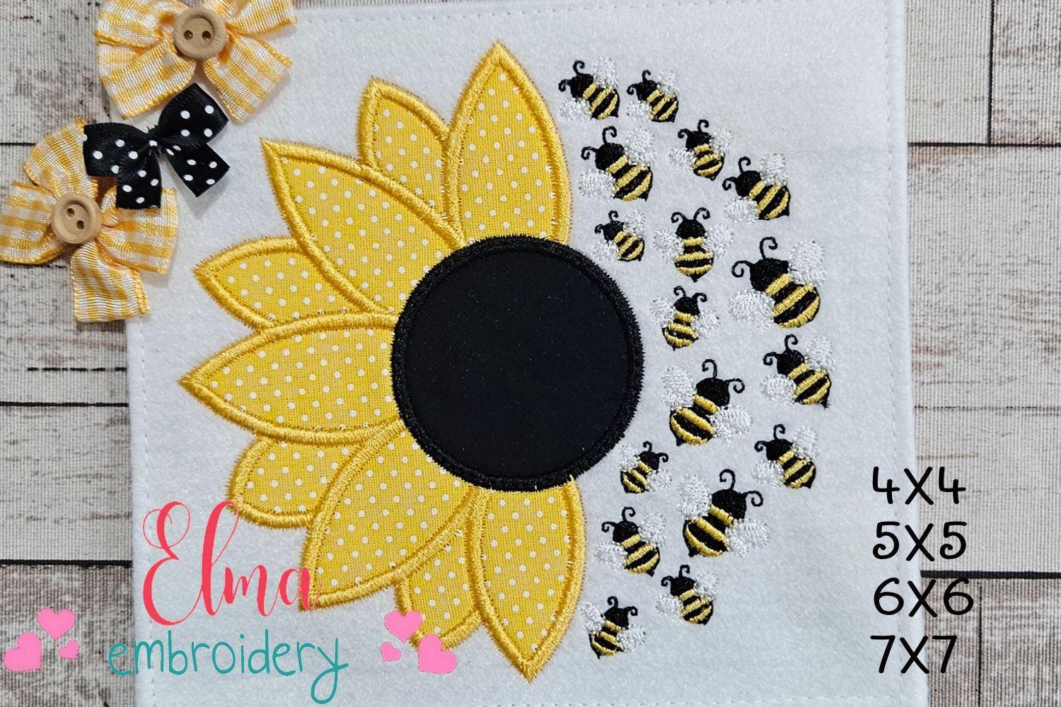 Summer Sunflower and Little Bees - Applique Embroidery - 4x4 5x5 6x6 7x7 - Machine Embroidery Design - Spring Sunflower Embroidery
