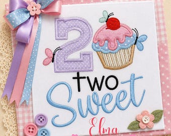 Two Sweet Birthday Applique Embroidery Design with Cupcake (Digital Download)