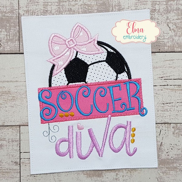 Soccer Diva Ball and Bow - Applique - 4x4 5x4 5x7 5x8 6x10 7x12 - Machine Embroidery Design - Soccer Embroidery - Soccer Girl Embroidery