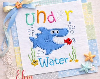 Shark Under The Sea Applique Embroidery Design Ocean Kids Shirt (Digital Download)