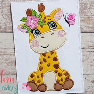 Giraffe Girl with Flowers - Animal Embroidery Design (Digital Download)