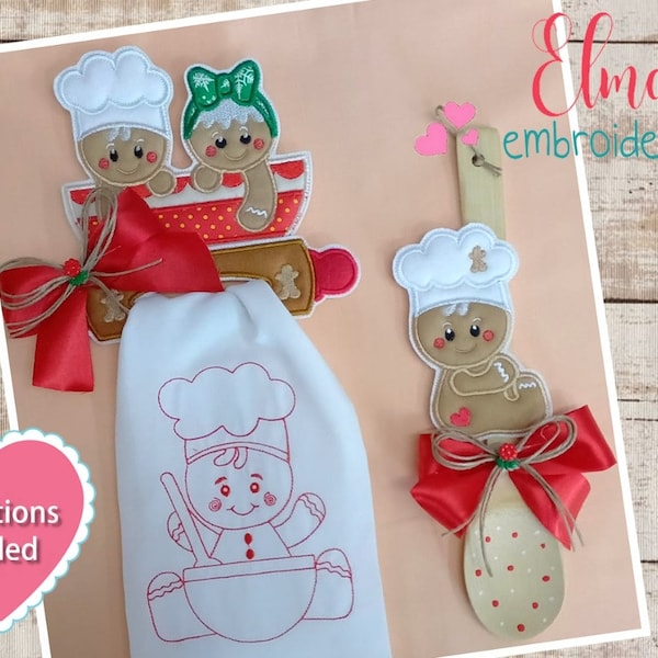 Christmas Gingerbread Apply for Spoons and Dishcloth Holder Embroidery ITH Applique 5x7 5x8 Machine Embroidery Design -Instructions Included