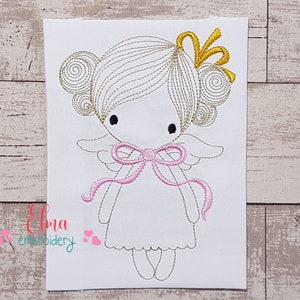 Angel Girl with Bow - Redwork Embroidery - Machine Embroidery Design - 4x4 5x4 5x7 5x8 6x10 7x12 - Religious Embroidery - Angel Girl Design