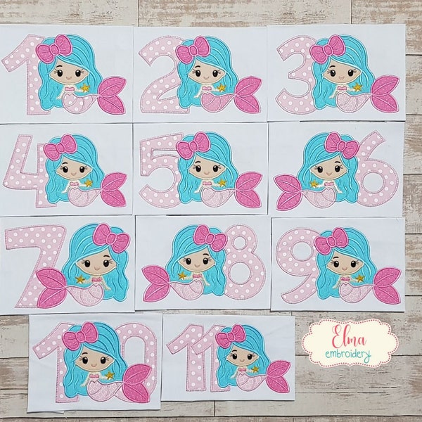 Mermaid Numbers 1-11 Birthday Set Numbers 1-11 - Applique - 5x7 5x8 6x10 7x12 - Machine Embroidery Design - Birthday Mermaid Embroidery