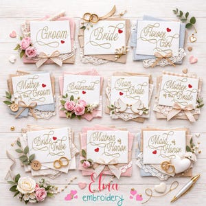 May include: A collection of wedding-themed cards with elegant calligraphy. Each card features a title like "Bride" or "Groom," adorned with floral accents, ribbons, and small red hearts. The cards are arranged on a light wooden surface.
