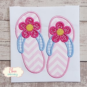 May include: Embroidered design of two pink flip flops with blue and white gingham straps and pink flowers with yellow centers.