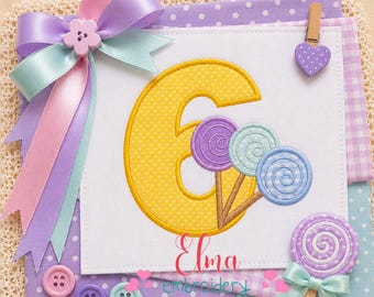 Diseño de bordado con aplique de caramelo número seis, piruleta de cumpleaños número 6 (descarga digital)