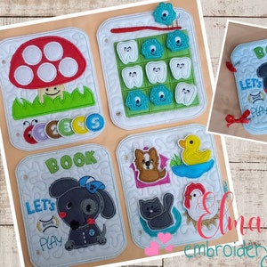May include: Four felt squares with different designs for a baby's quiet book. The first square has a red mushroom with white dots and a ladybug with numbers 1-5. The second square has a blue toothbrush and a green monster with white teeth. The third square has a black and white dog with a blue hat and the words "Let's Play Book". The fourth square has a brown dog, a black cat, a yellow duck, and a white chicken.
