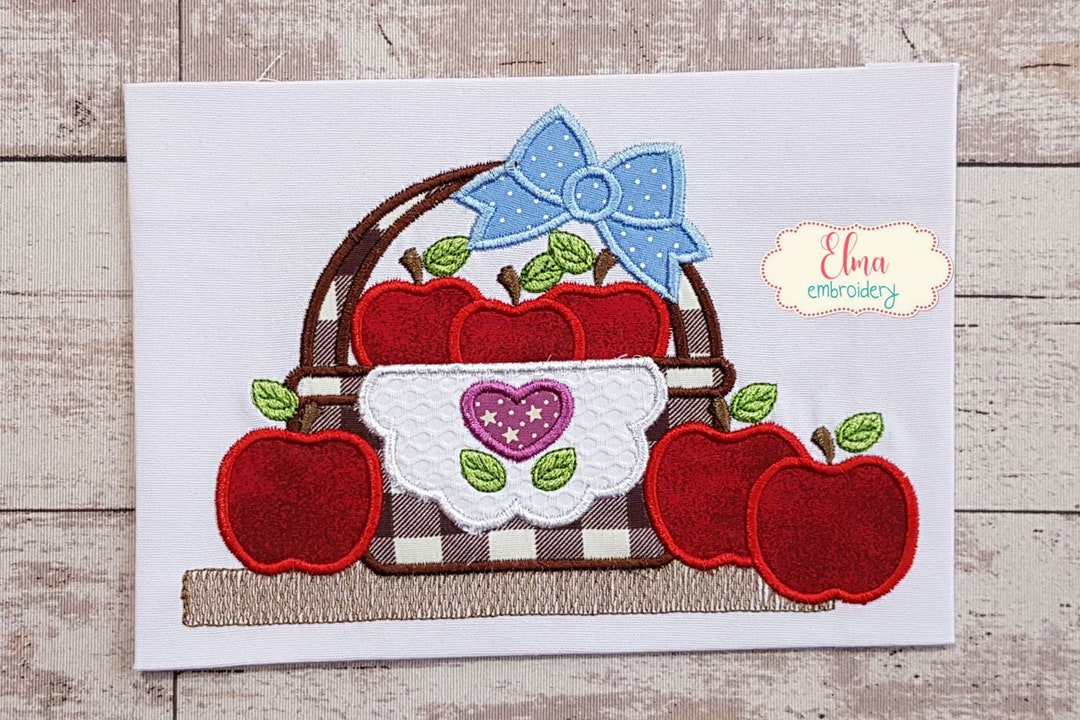 Basket of Apples Applique Embroidery 5x4 5x7 5x8 6x10 7x12 Machine