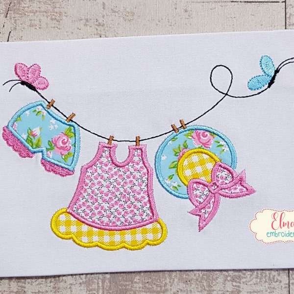 Baby Girl Clothesline -  Applique Embroidery - 5x4 5x7 5x8 6x10 7x12 - Machine Embroidery Design - Baby Girl Applique Embroidery Pattern