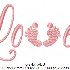 May include: Pink embroidered design of the word "Love" with two baby footprints in the center. The design is 3.93 inches by 2.29 inches and has 3183 stitches.