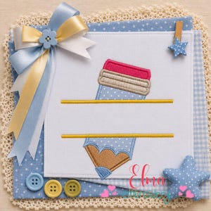 May include: A white fabric square featuring an embroidered blue pencil with a pink eraser, split by two horizontal yellow lines. The square is decorated with a light blue and yellow ribbon bow, a small blue star, and two round buttons.