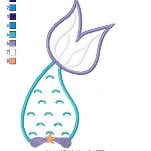 Puede incluir: Un aplique de cola de sirena bordada en tonos azules, morados y naranjas. El dise&ntilde;o presenta una cola estilizada con un acento de estrella de mar. El texto "Mermaid Tail Applique 5x4.PES" es visible. La cola mide 78,5 x 125,8 mm.