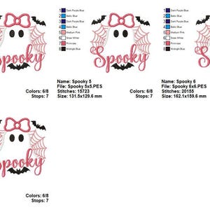 Peut inclure: Un motif sur le th&egrave;me d'Halloween avec un fant&ocirc;me, un n&oelig;ud rose, une toile d'araign&eacute;e et des chauves-souris, avec le mot "Spooky" en script rose. Le motif est disponible en plusieurs tailles, la plus petite &eacute;tant de 99,5 mm x 98,1 mm.