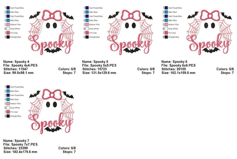 Peut inclure: Un motif sur le th&egrave;me d'Halloween avec un fant&ocirc;me, un n&oelig;ud rose, une toile d'araign&eacute;e et des chauves-souris, avec le mot "Spooky" en script rose. Le motif est disponible en plusieurs tailles, la plus petite &eacute;tant de 99,5 mm x 98,1 mm.