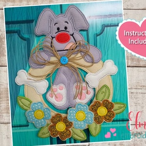 Projeto de bordado à máquina de cachorrinho fofo e flores - Aplique - 5x7 5x8 6x10 7x12 - Design de bordado à máquina - Instruções incluídas