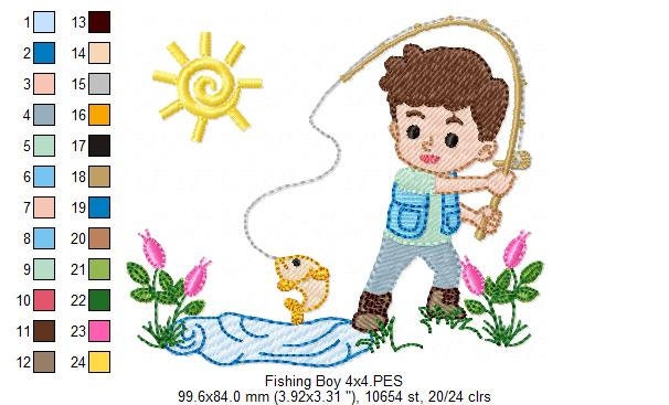 boy with fishing pole embroidery pattern Fishing Boy Embroidery Design: Outdoor Scene Fill Stitch Kids Decor  (digital Download)