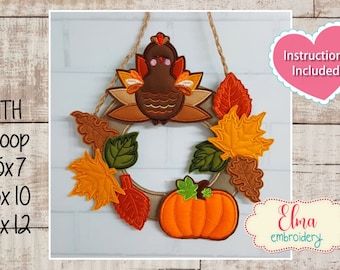 Thanksgiving Turkey Pumpkin Applique: ITH Embroidery Design (5x7 6x10 7x12)
