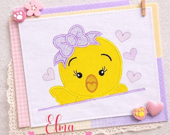 Chick Girl Applique Embroidery Design with Bow and Hearts (Digital Download)